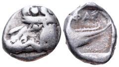 Lycia, Phaselis AR Tetrobol. Circa 500-440 BC. Prow of galley in the form of a boar's forepart to left / Stern of galley right; ΦΑΣ above. SNG von Aulock 4394-4396. 3.35g, 13mm, 10h. Good Very Fine.