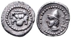 Lycia, Tlos, AR Obol. Circa 380-340 BC. Lion mask facing / ΤΛΑ-Γ, head of a Kabeiros left, wearing conical hat. SNG von Aulock 4193. 0.98g, 10mm, 5h. Good Very Fine.