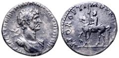 Hadrian AR Denarius. Rome, AD 117. IMP CAES TRAIAN HADRIANO AVG DIVI TRA, laureate, draped and cuirassed bust right / SPQR OPTIMO PRINCIPI, equestrian statue of Trajan (equus Traiani of Traian's forum