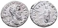 Pertinax AR Denarius. Rome, AD 193. IMP CAES P HELV PERTIN AVG, laureate head right / VOT DECEN TR P COS II, Pertinax, veiled, standing left, sacrificing out of patera in right hand over tripod. RIC 1