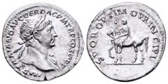 Trajan AR Denarius. Rome, AD 112-113. IMP TRAIANO AVG GER DAC P M TR P COS VI P P, laureate bust right, drapery on far shoulder / SPQR OPTIMO PRINCIPI, equestrian statue of Trajan (equus Traiani of Tr