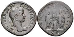 Geta Æ Sestertius. Rome, AD 210. IMP CAES P SEPT GETA PIVS AVG, laureate head of Geta to right, slight drapery on left shoulder / PONTIF TR P II COS II, Geta standing left and Caracalla standing right