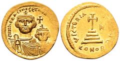 Heraclius and Heraclius Constantinus AV Solidus. Constantinople, AD 613-6. ddNN HЄRACLIUS ЄT (HЄRA CONST PP AVG), crowned busts of Heraclius on left and Heraclius Constantinus on right, each wearing c