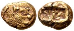 Kingdom of Lydia, Alyattes EL Trite. Sardes, circa 630-553 BC. Head of roaring lion to right, sunburst with multiple rays on forehead / Two incuse square punches of unequal size. Traité II/1, 44, pl. 