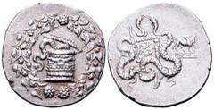 Lydia, Tralleis AR Cistophoric Tetradrachm. Circa 155-145 BC. Cista mystica with serpent; all within ivy wreath / Two serpents entwined around bow and bowcase; to left, TRA; to right, filleted zebu bu