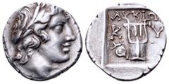 Lycia, Kyaneai as a member of the Lycian League AR Drachm. 167-81 BC. Laureate head of Apollo right, bow and quiver over shoulder / City initials K-Y on either side of a kithara, ΛVKIΩΝ above, sword i