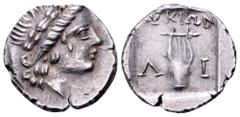 Lycia, Limyra as a member of the Lycian League AR Drachm. 167-81 BC. Laureate head of Apollo right, bow and quiver over shoulder / City initials Λ-Ι on either side of a kithara, ΛVKIΩΝ above; all with