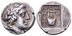 Lycia, Myra as a member of the Lycian League AR Drachm. Circa 167-100 BC. Laureate head of Apollo right; bow and quiver over shoulder / Kithara; M-Y, winged kerykeion to left; all within incuse square