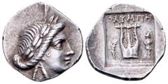 Lycia, Olympos as a member of the Lycian League AR Drachm. Circa 167-81 BC. Laureate head of Apollo right / Kithara, OΛVΜΠΗ above, palm branch to left, trophy to right, all within shallow incuse squar