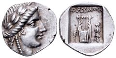 Lycia, Olympos as a member of the Lycian League AR Drachm. Circa 167-81 BC. Laureate head of Apollo right / Kithara, OΛVΜΠΗ above, palm branch to left, trophy to right, all within shallow incuse squar