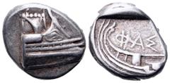 Lycia, Phaselis AR Tetrobol. Circa 500-440 BC. Prow of galley right / Stern of galley left; ΦΑΣ above. SNG von Aulock-; Cf Heipp-Tamer 72. 3.48g, 13mm, 2h. Good Very Fine.
