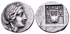 Lycia, Tlos as a member of the Lycian League AR Drachm. Circa 167-100 BC. Laureate head of Apollo right; [bow and quiver] over shoulder / Kithara; T-Λ, branch to lower left; all within incuse square. 