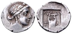 Lycia, Tlos as a member of the Lycian League AR Drachm. Circa 167-100 BC. Laureate head of Apollo right; [bow and quiver] over shoulder / Kithara; T-Λ, [branch to lower left]; all within incuse square