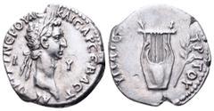 Nerva AR Drachm of Lycia. Lycian League, AD 97. AYTOKPAT NEPOYAC KAICAP CEBACT, laureate head right, Λ—Y across fields / YΠATOY TPITOY, wooden lyre (performing), depicted with four strings, laurel bra