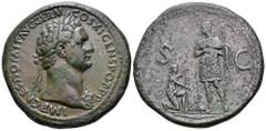 Domitian Æ Sestertius. Rome, AD 85. IMP CAES DOMIT AVG GERM COS XI CENS POT P P, laureate head right, wearing aegis / Emperor standing left, holding spear, with German captive kneeling right before, p