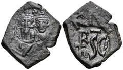 Heraclius, with Heraclius Constantine, Æ 40 Nummi. Sicilian mint, struck circa 632/3-641. Crowned facing busts of Heraclius and Heraclius Constantine, cross above; all within circular punch / SCs; mon