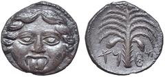 Sicily, Motya AR Litra. Circa 405-400 BC. Facing gorgoneion / Palm tree. Jenkins, Punic, pl. 23, 4a; Campana 15a; HGC 2, 936. 0.72g, 10mm, 12h. Good Extremely Fine. Extremely rare in such high grade; 