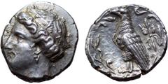 Elis, Olympia AR Stater. 'Hera' mint, 105th Olympiad, 360 BC. Head of Hera left, wearing pendant earring and low stephane ornamented with F-A between palmettes / Eagle with closed wings standing to le