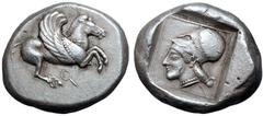 Corinthia, Corinth AR Stater. Circa 500-480 BC. Pegasos with curved wing flying to right, Q below / Head of Athena to left, wearing necklace and Corinthian helmet pushed back on head. Pegasi 47; Asyut