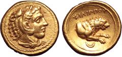 Kingdom of Macedon, Philip II AV Hemistater. Lifetime issue. Amphipolis, circa 340-328 BC. Head of Herakles right, wearing lion skin headdress / Forepart of lion to right, crescent below, ΦΙΛΙΠΠΟΥ abo