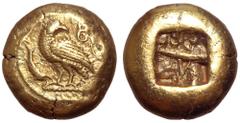 Troas, Abydos EL Stater. Circa 520-500 BC. Milesian standard. Eagle with closed wings standing to left, head reverted, dolphin in left field, floral tendril to right; all within circular border / Incu