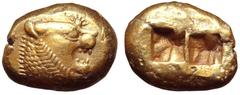 Kingdom of Lydia, Alyattes EL Trite. Sardes, circa 610-546 BC. Head of roaring lion to right, sunburst with multiple rays on forehead / Two incuse square punches of unequal size. Traité II/1, 44, pl. 