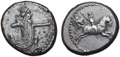 Karia, Achaemenid Period AR Tetradrachm. Circa 341-334 BC. Persian king or hero in kneeling-running stance right, drawing bow / Satrap on horseback right, thrusting spear; to left, bearded male head r