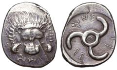 Dynasts of Lycia, Trbbenimi AR Stater. Zemura (Limyra), circa 390-375 BC. Facing lion scalp; small triskeles and horizontal Z (in Lycian) below / Triskeles with small T in centre; TRBBẼNE (in Lycian) 
