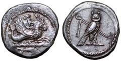 Phoenicia, Tyre AR Stater. Circa 425-394 BC. Melkart, holding bow in extended left hand and reins in right, riding hippocamp to right; below, waves above dolphin swimming to right / Owl standing to ri