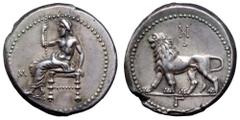Persia, Alexandrine Empire AR Tetradrachm. Satraps of Babylon, time of Stamenes - Seleukos, circa 328-311 BC. Baaltars seated left, his torso facing, holding short sceptre in right hand, left hand pla