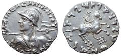 Indo-Greek Kingdom, Philoxenos AR Tetradrachm. Circa 125-110 BC. BAΣIΛEΩΣ ANIKHTOY ΦΙΛOΞENOY, diademed heroic bust left, seen from behind, wearing crested helmet covered with pelt of scales and adorne