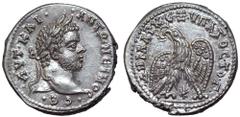 Caracalla AR Tetradrachm of Laodicea ad Mare, Syria. AD 209-211. • AVT • KAI • ANTΩNЄINOC • CЄ •, laureate head of Caracalla right / • ΔHMAPX • ЄΞ • VΠATOC • TO • Γ •, eagle standing facing with wings