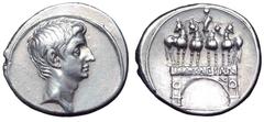 Octavian AR Denarius. Rome, 29-27 BC. Bare head of Octavian right / IMP CAESAR, on architrave of arch surmounted by facing quadriga bearing Octavian. RIC 267; RIC 267; BMC 624; Sear Imperators 422; RS