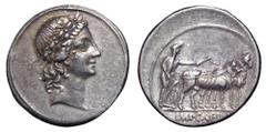 Octavian AR Denarius. Rome, 28 BC. Laureate bust of Apollo of Actium, right, with features of Octavian / Octavian, veiled and in priestly robes, ploughing right with team of oxen; IMP•CAESAR in exergu