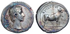 Augustus AR Denarius. Pergamum, 27 BC. CAESAR, bare head right / AVGVSTVS, heifer standing to right. RIC 475; RSC 28; BMCRR East 284-5 = BMCRE 662-3; BN 941-3. 3.64g, 21mm, 1h. Good Extremely Fine; ha