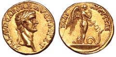 Claudius AV Aureus. Lugdunum, AD 41-42. TI CLAVD CAESAR AVG P M TR P, laureate head right / PACI AVGVSTAE, Pax-Nemesis advancing right, pointing a winged caduceus towards a snake on the ground before 
