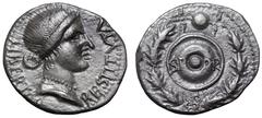 Civil War, Vindex AR Denarius. Spanish mint in support of Vindex/Galba, early AD 68. LIBERTAS RESTITVTA, bust of Libertas wearing necklace right / S P Q R on round shield within oak wreath. RIC 27; BM