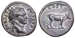 Titus, as Caesar, AR Denarius. Ephesus, AD 76. T CAES IMP VESP AVG, laureate head right, annulet below / COS V, bull standing to right on ground line. C. 56; BMC 486 (Vespasian); RIC 1483 (Vespasian);