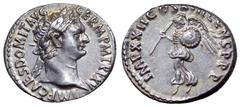 Domitian AR Denarius. Rome, AD 95-96. IMP CAES DOMIT AVG GERM P M TR P XV, laureate head right / IMP XXII COS XVII CENS P P P, winged figure of Minerva flying left, holding spear and shield. C. 294; B