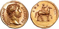 Hadrian AV Aureus. Rome, AD 125-128. HADRIANVS AVGVSTVS, laureate head right / Hadrian on horseback right, raising right hand; COS III across field. RIC 186c; Calicó 1218a. 7.13g, 20mm, 5h. Near Mint 