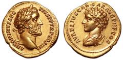 Antoninus Pius and Marcus Aurelius AV Aureus. Rome, AD 140. ANTONINVS AVG PIVS P P TR P COS III, laureate, draped and cuirassed bust right / AVRELIVS CAE•SAR AVG P II F COS, bare-headed, draped and cu