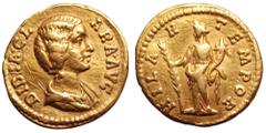 Didia Clara AV Aureus. Struck under Didius Julianus, Rome, April-May AD 193. DIDIA CLARA AVG, draped bust right / HILAR TEMPOR, Hilaritas standing left, holding palm branch in right hand and cornucopi