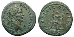 Geta Æ Sestertius. Rome, AD 211. P SEPTIMIVS GETA PIVS AVG BRIT, laureate bust right / TR P III COS II P P, Italia seated left, holding sceptre and cornucopiae; at her feet, female figure (Annona or C