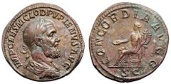 Pupienus Æ Sestertius. Rome, AD 238. IMP CAES M CLOD PVPIENVS AVG, laureate, draped and cuirassed bust right / CONCORDIA AVGG, Concordia seated left, holding patera and double cornucopiae; SC in exerg