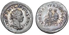 Philip II AR Antoninianus. Rome, AD 247-249. IMP PHILIPPVS AVG, radiate, draped and cuirassed bust right / LIBERALITAS AVGG III, Philip I and Philip II seated left on curule chairs; Philip I holds sho