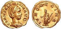Salonina AV Aureus. Viminacium, circa AD 254-257. CORN SALONINA AVG, diademed and draped bust right / IVNO REGINA, Juno standing left, holding patera and sceptre. RIC 10 var. (joint reign; obv. legend