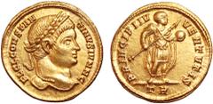 Constantine II, as Caesar, AV Solidus. Treveri, AD 326-327. FL CL CONSTANTINVS IVN N C, laureate head right / PRINCIPI IVVENTVTIS, Constantine II standing right, in military attire and with cloak spre