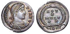 Valens AR Siliqua. Constantinople, AD 367-375. D N VALENS P F AVG, pearl-diademed, draped and cuirassed bust right / VOT X MVLT XX in four lines within wreath with jewel at apex; (palm) C (Christogram
