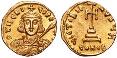 Tiberius III AV Solidus. Constantinople, AD 698-705. D TIBERIVS PE AV Γ, cuirassed bust facing, with short beard, wearing crown and holding spear / VICTORIA AVGV H, cross potent on three steps, CONOB 
