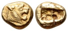 Kingdom of Lydia, Alyattes EL Trite. Sardes, circa 610-546 BC. Head of roaring lion to right, sunburst with multiple rays on forehead / Two incuse square punches of unequal size. Traité II/1, 44, pl. 